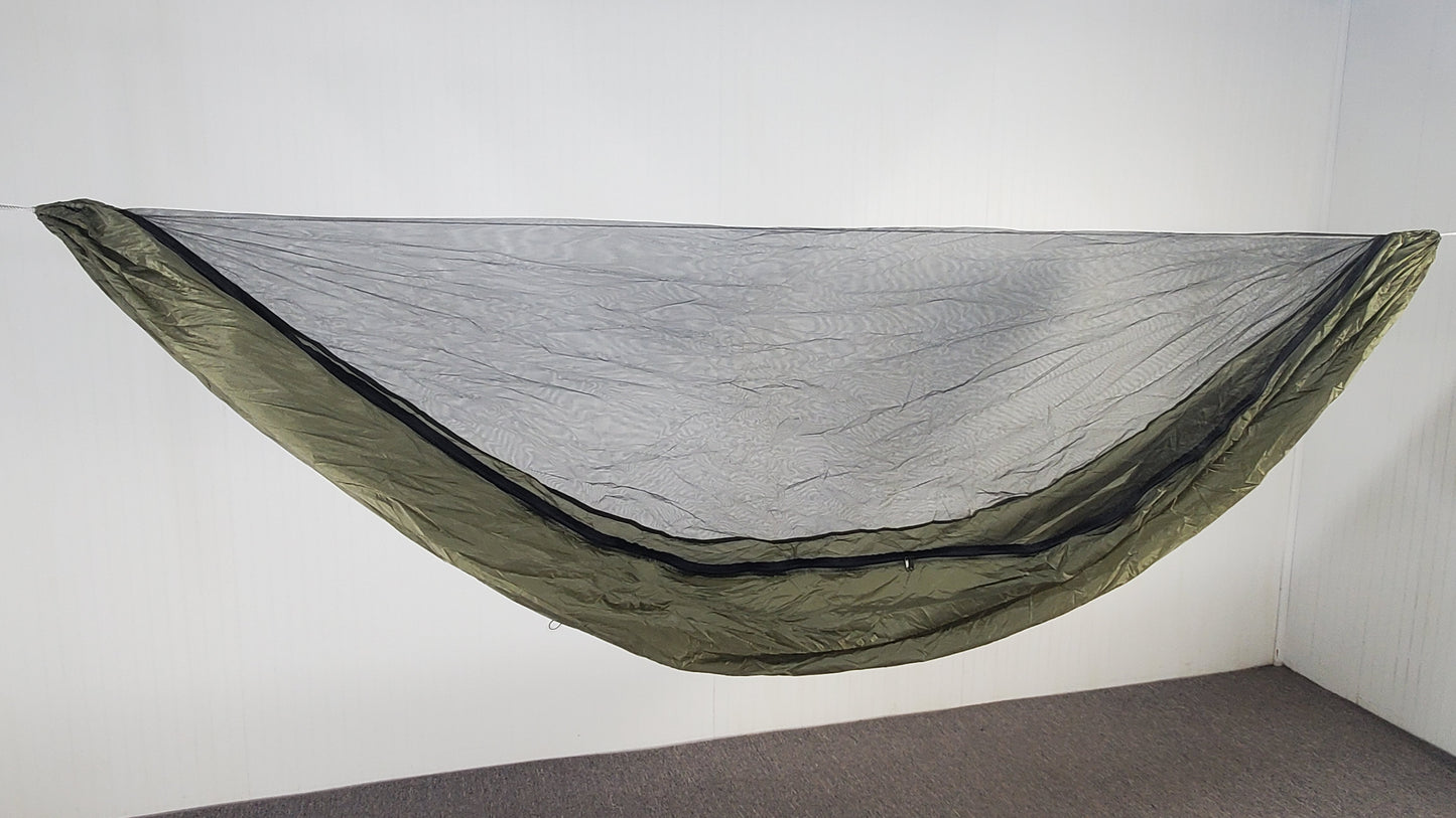 Ultralight olive drab camping hammock for backpacking and camping with bugnet or mosquito net.